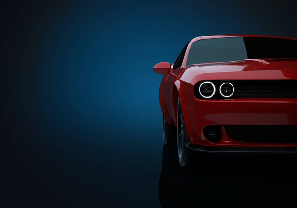 Vista de ángulo frontal de un coche muscular americano genérico rojo sin marca sobre un fondo azul oscuro. Concepto de transporte. Ilustración 3d y renderizado 3d
. - Foto, imagen