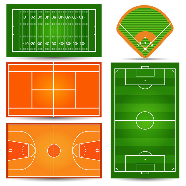 スポーツ倒し、裁判所。フットボール、サッカー、テニス、バスケット ボール、ラグビー、野球。ベクトル図 - ベクター画像