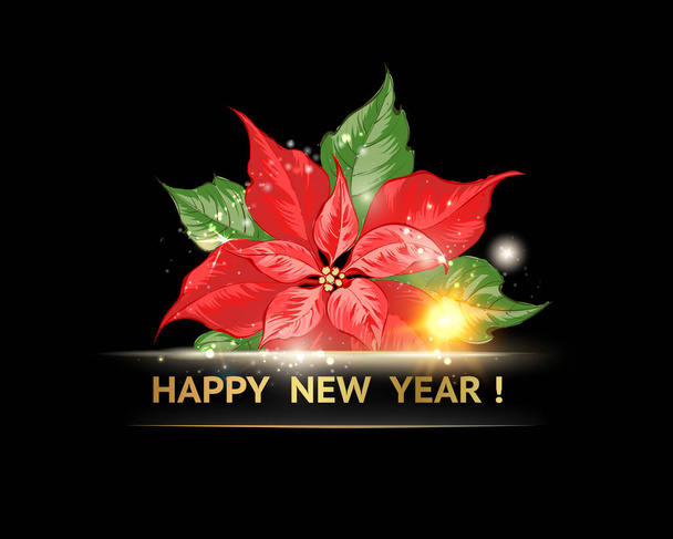 Red poinsettia wtih happy new year text isolatrd over black background. - Vector, Image