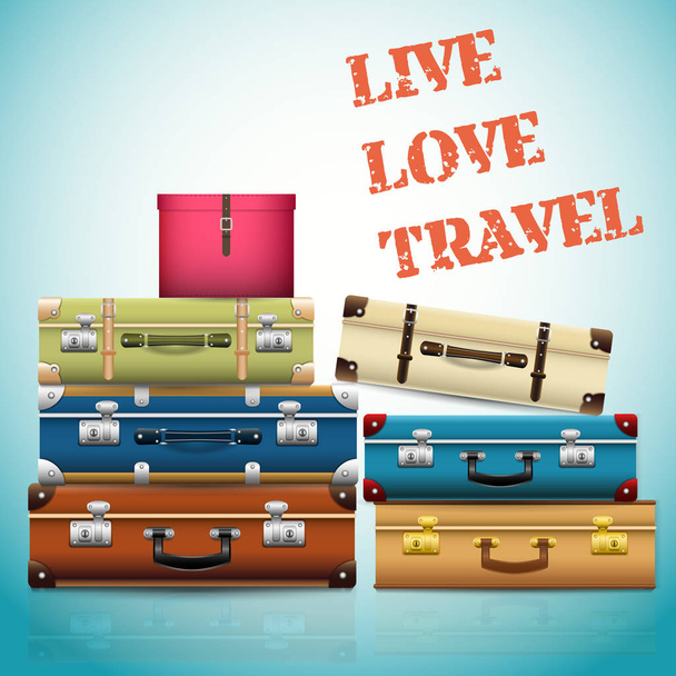 Background with closed old retro vintage suitcases. 3d realistic travel bags with text Live Love Travel. Vector illustration - Vettoriali, immagini