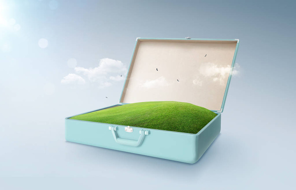 Green field in an open retro vintage suitcase isolated on light blue background . - Fotografie, Obrázek