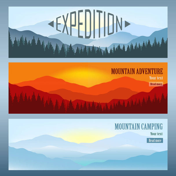 Комплект из 3 ландшафтов с горами. Реклама туристического агентства. Векторная иллюстрация
 - Вектор,изображение