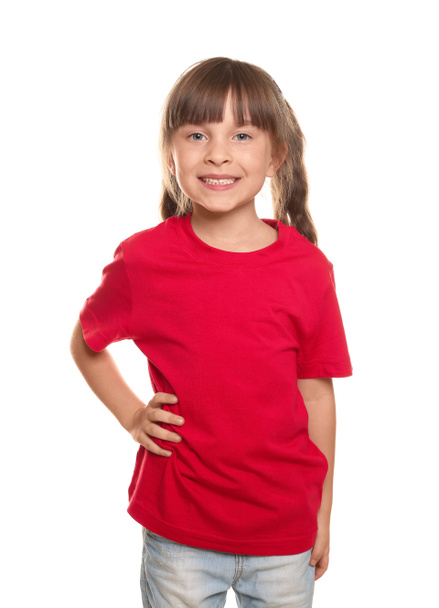 Little girl in t-shirt on white background - Photo, image