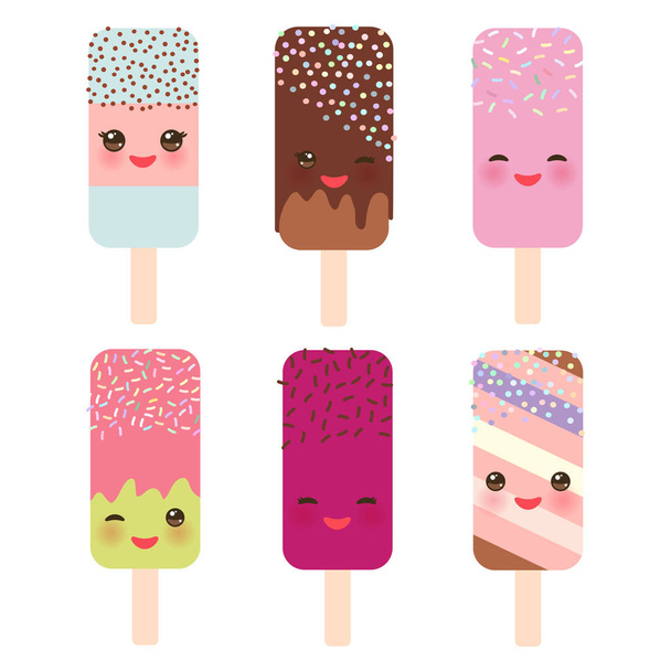 set ice cream, ice lolly Kawaii with pink cheeks and winking eyes, pastel colors on white background. Vector illustration - Vektör, Görsel