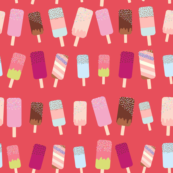 seamless pattern ice cream, ice lolly, pastel colors on bright red background. Vector illustration - Vektör, Görsel
