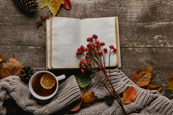płaskie lay z pusty Notatnik, holly czerwone jagody, herbatę i sweter na drewnianym blatem - Zdjęcie, obraz