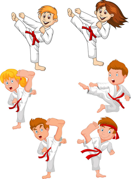 Vector illustration of Cartoon little kid training karate collection - Vector, Image