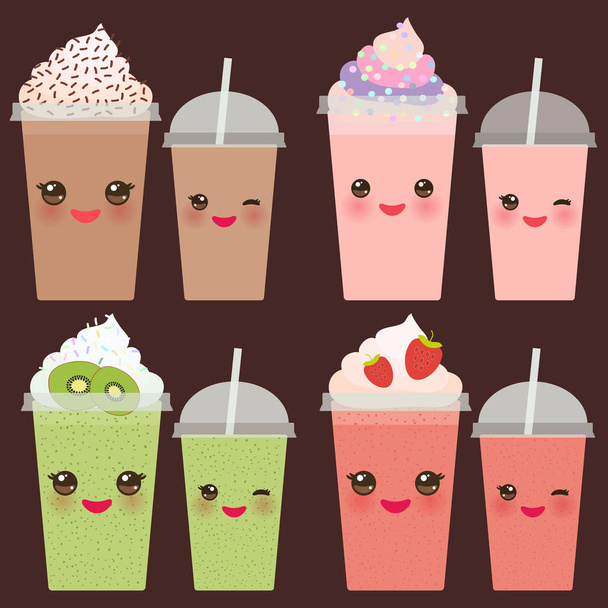 Kiwi Strawberry Chocolate Coffee Take-out smoothie transparent plastic cup with straw and whipped cream. Kawaii cute face with eyes and smile  Isolated on white background. Vector illustration - Vector, Image