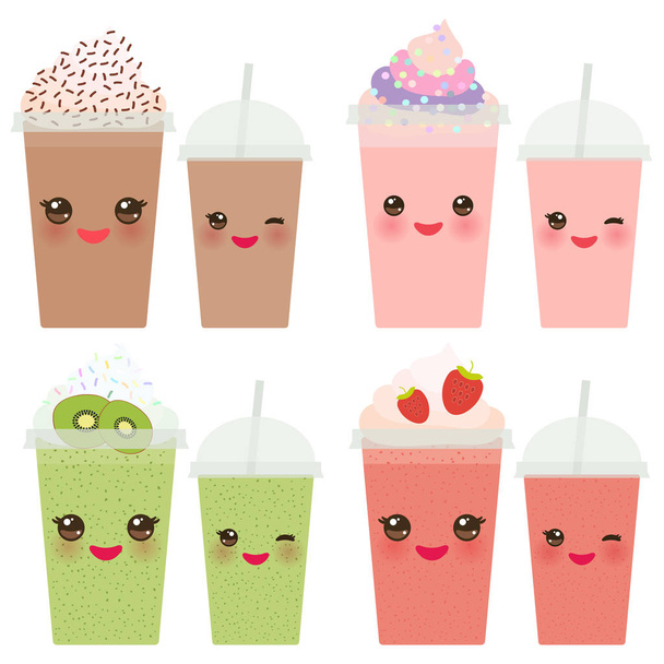 Kiwi Strawberry Chocolate Coffee Take-out smoothie transparent plastic cup with straw and whipped cream. Kawaii cute face with eyes and smile  Isolated on white background. Vector illustration - Vektör, Görsel