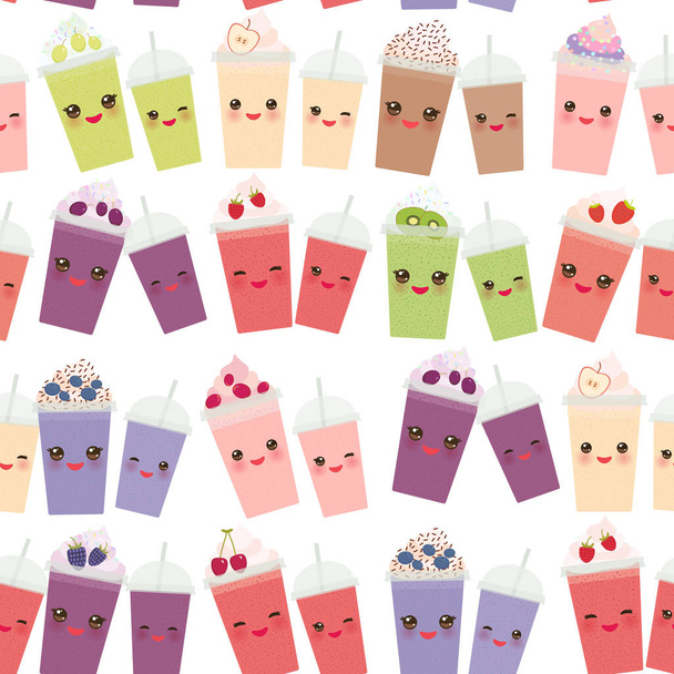  seamless pattern, smoothie blueberry raspberry strawberry kiwi apple blackberry cherry chocolate coffee cranberries grapes transparent cup with straw and whipped cream on white background. Vector illustration - Vektör, Görsel