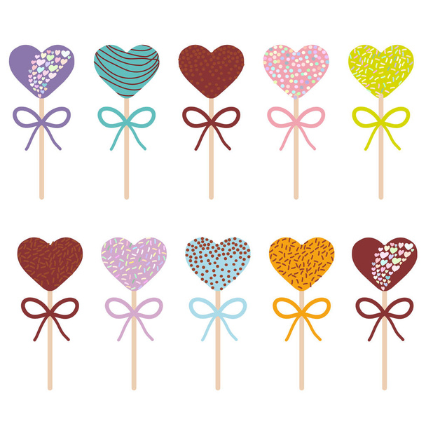 Colorful Sweet Cake pops hearts set with bow isolated on white background. Vector illustration - Διάνυσμα, εικόνα