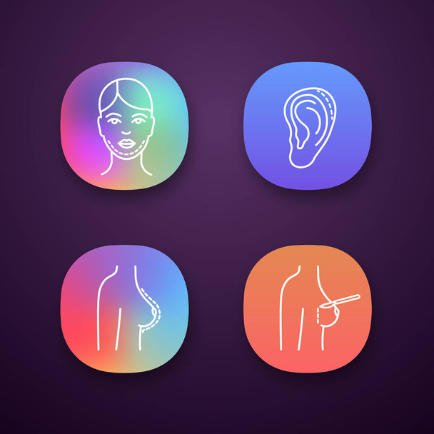 Plastic surgery app icons set. UI/UX user interface. Double chin removal, otoplasty, breast augmentation, mammoplasty. Web or mobile applications. Vector isolated illustrations - Wektor, obraz