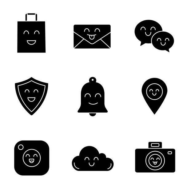 Articoli sorridenti set di icone di glifo. Buon shopping bag, lettera, bolle vocali, scudo, campana, mappatura, macchina fotografica, nuvola, fotocamera. Simboli di silhouette. Illustrazione isolata vettoriale
 - Vettoriali, immagini