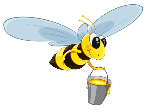 Carácter mosca de abeja con cubo miel
 - Vector, Imagen