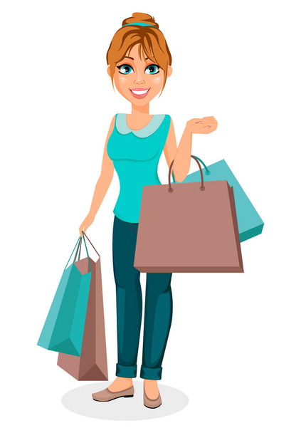 Happy housewife. Cheerful mother, beautiful woman. Cartoon character holds shopping bags. Vector illustration on white background. - Vector, Image
