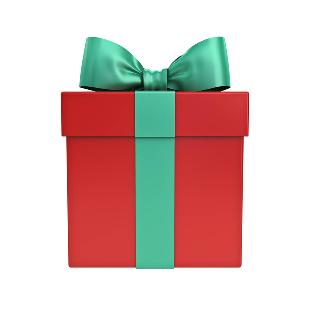 Красная подарочная коробка или коробка подарков на Рождество с зеленой лентой и лук изолированы на белом фоне 3D рендеринга
 - Фото, изображение