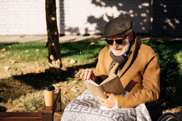 schöner älterer behinderter Mann im Rollstuhl liest Buch auf der Straße - Foto, Bild