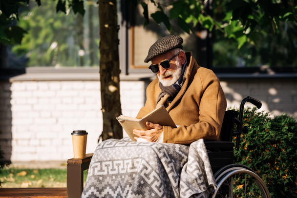 senior disabled man in wheelchair with palid reading book on street - Zdjęcie, obraz