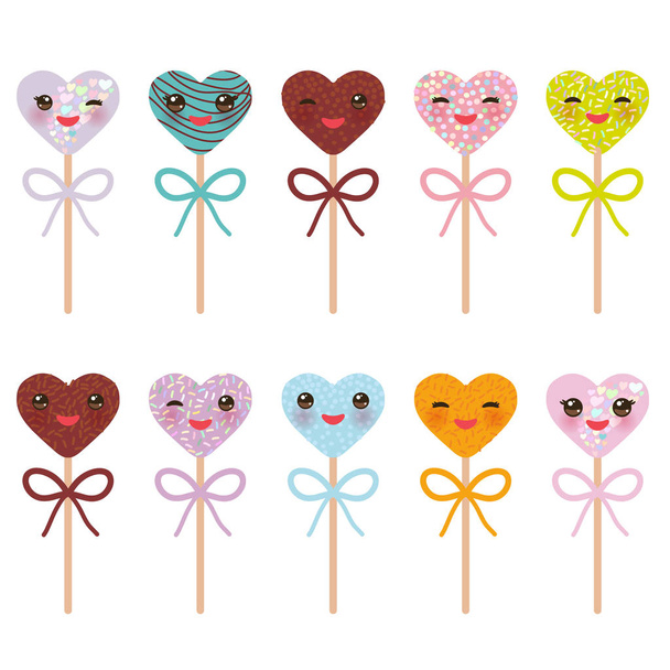  Card design with hearts Kawaii Colorful Sweet Cake pops with pink cheeks and winking eyes, Cake pops hearts set with bow isolated, pastel colors on white background. Vector illustration - Διάνυσμα, εικόνα