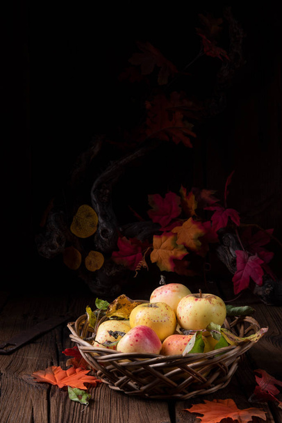 fresh and tasty organic apples in wicker basket - 写真・画像