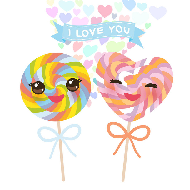 I love you Card design with Kawaii Heart shaped candy lollipop with pink cheeks and winking eyes, pastel colors on white background. Vector illustration - Vetor, Imagem