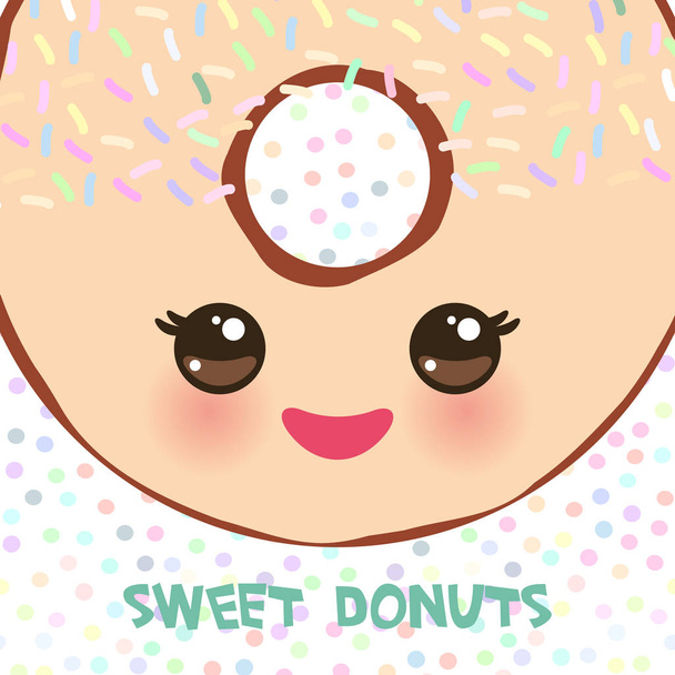 Kawaii colorful donut with pink cheeks and winking eyes, Sweet brown donut with icing and sprinkls isolated, banner design, card template, pastel colors on white polka dot background. Vector illustration - Vector, Image