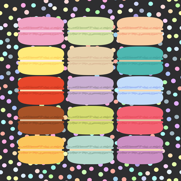 Square card design with macaroon set, pastel colors black polka dot background. Vector illustration - Vector, afbeelding