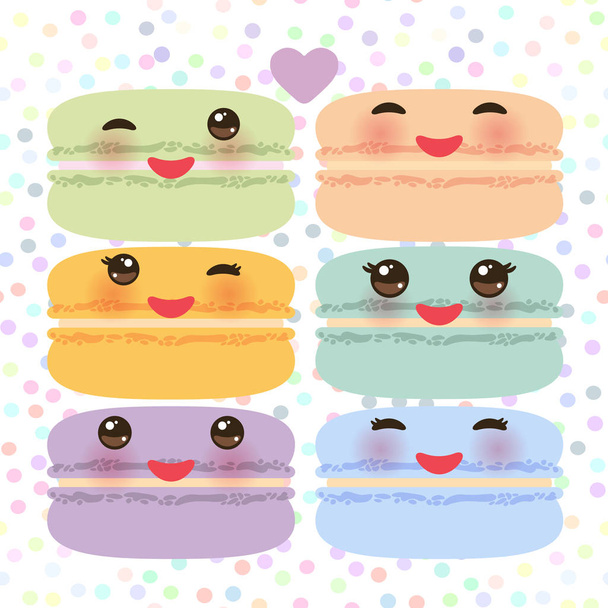 Kawaii macaroon funny orange blue lilac pink green cookie with pink cheeks with pink cheeks and big eyes, pastel colors on white polka dot background Vector  - Вектор,изображение