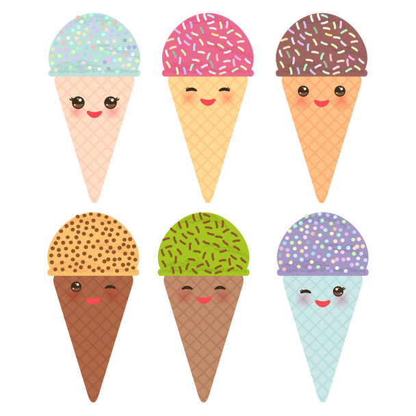 set Kawaii mint raspberry kiwi blueberry chocolate Ice cream waffle cone funny muzzle with pink cheeks and winking eyes, pastel colors white background. Vector illustration - Vettoriali, immagini