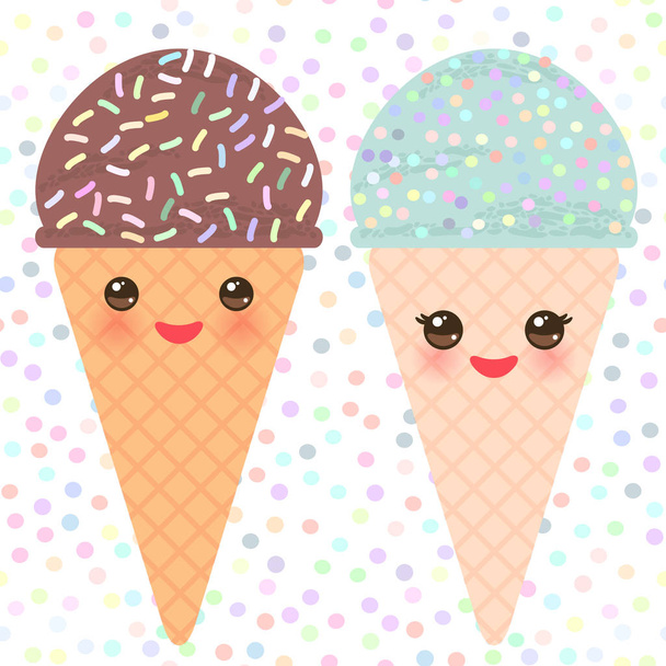 Card design with Kawaii mint chocolate Ice cream waffle cone funny muzzle with pink cheeks and winking eyes, pastel colors polka dot background. Vector illustration - Вектор,изображение