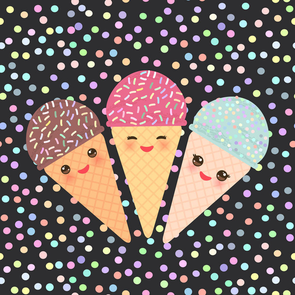 Card design with three Kawaii mint raspberry chocolate Ice cream waffle cone funny muzzle with pink cheeks and winking eyes, pastel colors polka dot black background. Vector illustration - Vector, Image