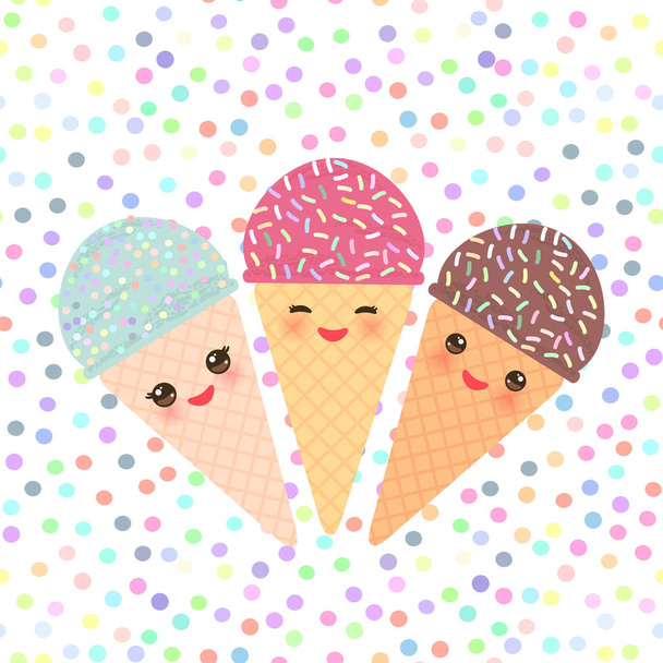 Card design with three Kawaii mint raspberry chocolate Ice cream waffle cone funny muzzle with pink cheeks and winking eyes, pastel colors polka dot background. Vector illustration - Διάνυσμα, εικόνα