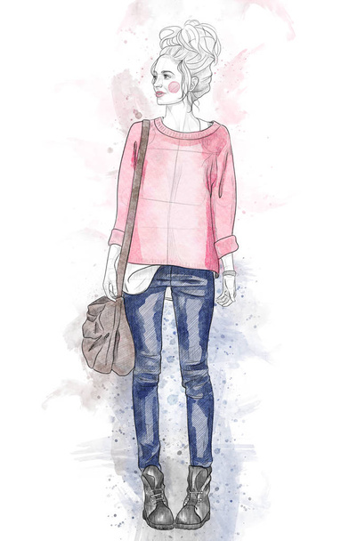 Mode meisje schets illustratie - Foto, afbeelding