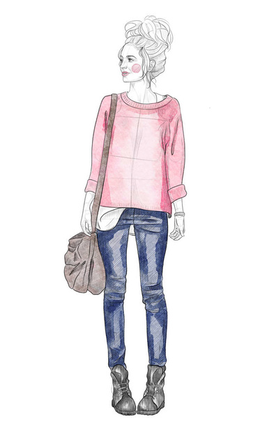 Mode Mädchen Skizze Illustration - Foto, Bild