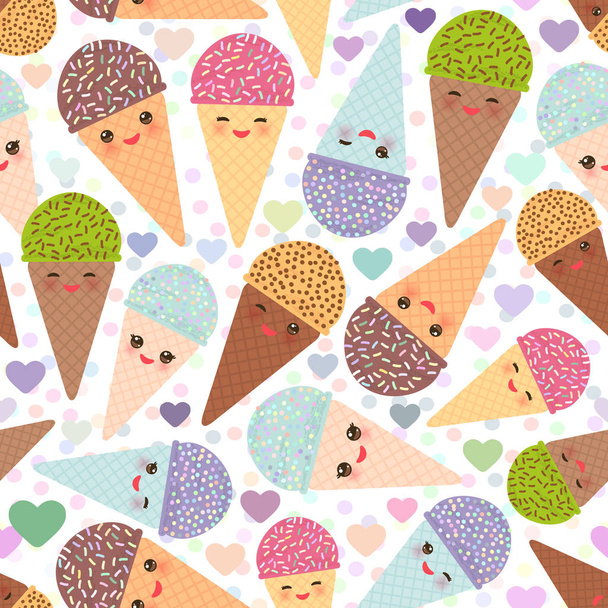 Ice cream waffle cone Kawaii funny muzzle with pink cheeks and winking eyes, pastel colors on white background. Vector illustration - ベクター画像