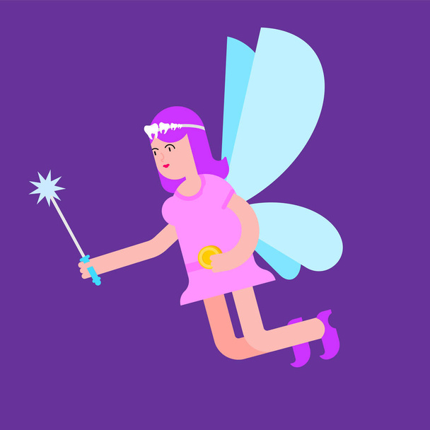 Tooth Fairy isolated. Coin exchange for tooth. Little magical woman. Tiny creature with wings. Flying Mythical fabulous character and magic wan - Vector, Image