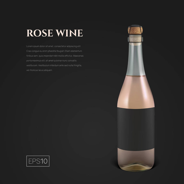 Botella fotorrealista de vino espumoso rosa sobre fondo negro
 - Vector, Imagen