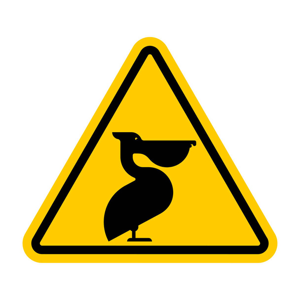 Pelican uwagę. Należy zachować ostrożność ptactwa wodnego. Żółty znak drogowy niebezpieczeństwo - Wektor, obraz