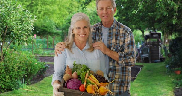 Feliz casal jardineiro branco envelhecido orgulhosamente com produtos do jardim privado
 - Foto, Imagem