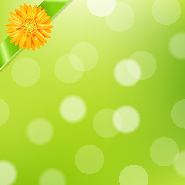 Green Nature Background With Yellow Gerbers And Green Ribbon - Vecteur, image