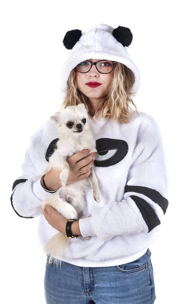 woman and chihuahua in front of white background - Foto, imagen