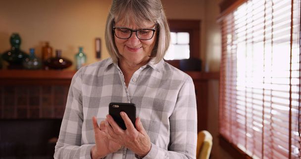 Happy senior person texting with cell phone by window inside her home - Photo, Image