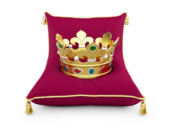 Gold King crown on the magentas pillow isolated white 3d illustration. - Zdjęcie, obraz