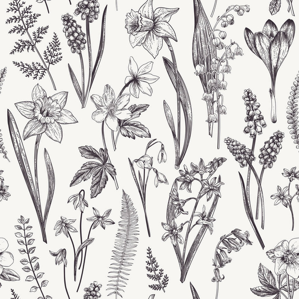 Vintage seamless floral pattern. Spring flowers and  herbs. Botanical vector illustration. Narcissus, lily of the valley, hellebore, snowdrop, crocus. Engraving. Black and white. - Vetor, Imagem