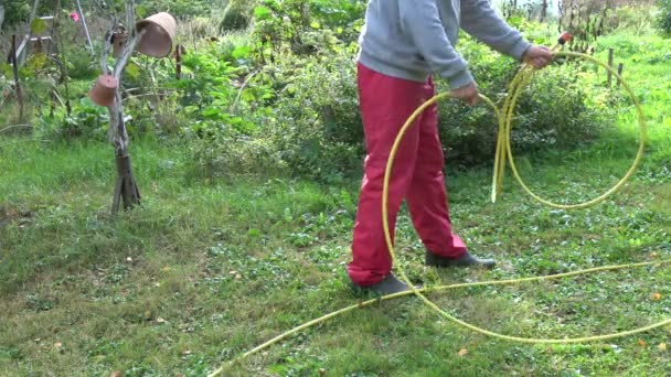 zahradník v podzimním dvoře zábal gumy žlutá voda hadice - Záběry, video