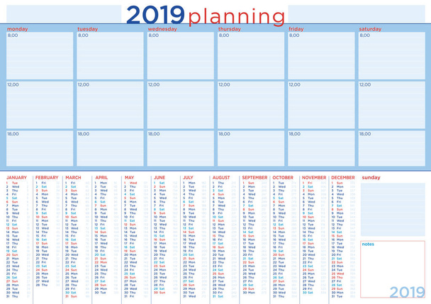 Ernsthafte Planung 2019 für das Büro, mit Kalender und Tagesablauf, englische Sprache - Vektor, Bild