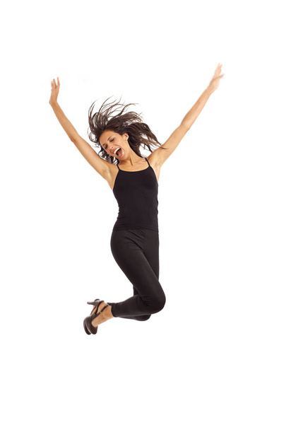 Linda joven enérgica chica con negro bailando y saltando
 - Foto, Imagen