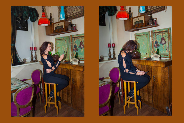 korrektes und falsches Sitzen in diesem Beispiel Frau sitzt in einem Café mit Smartphone-Seitenansicht - Foto, Bild