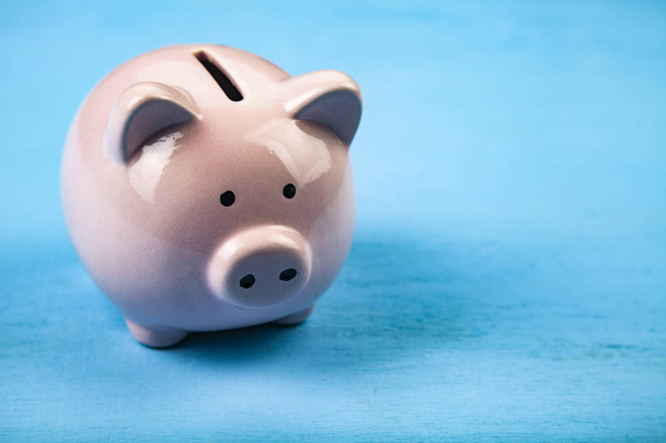 Pink pig money box on blue wooden background close up. - 写真・画像