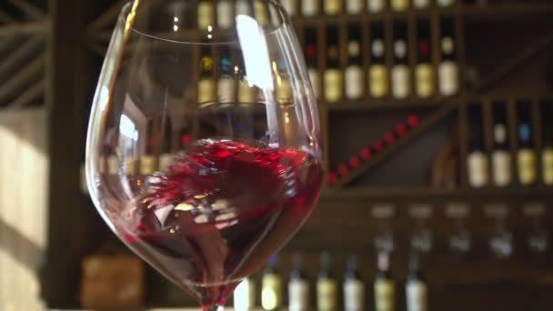 De productie van de wijn. Rode wijn is prachtig gegoten in een glas. Slow motion. - Video